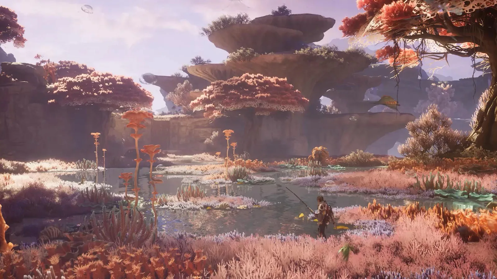 The coral-like cliffs and varied landscape of Aesoland in official Monster Hunter Outlanders art